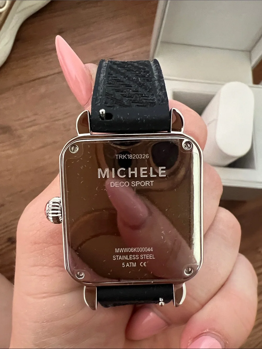 Michele Silver Square Case Watch with Black Strap